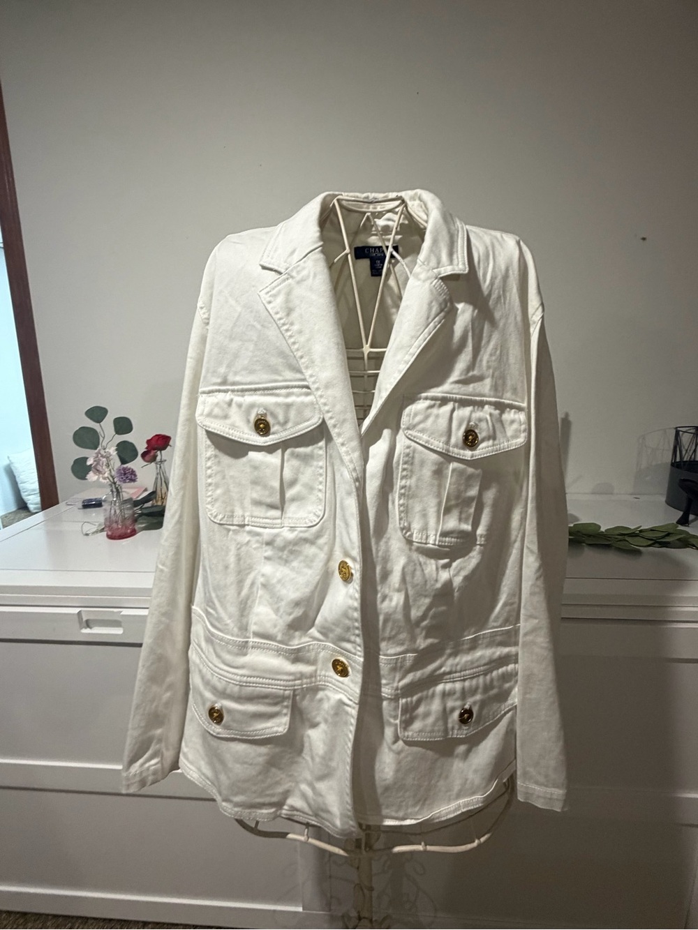 Chaps White Jean Jacket with Gold Buttons